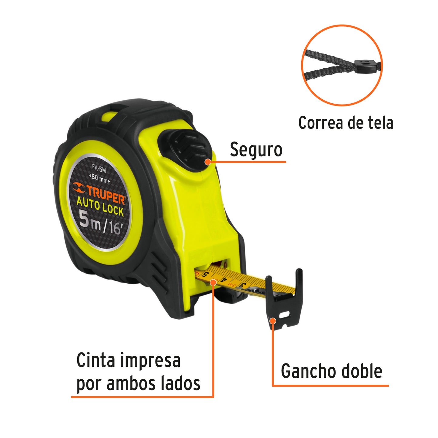 Flexómetro Auto-Lock contra impactos 5 m cinta 19 mm