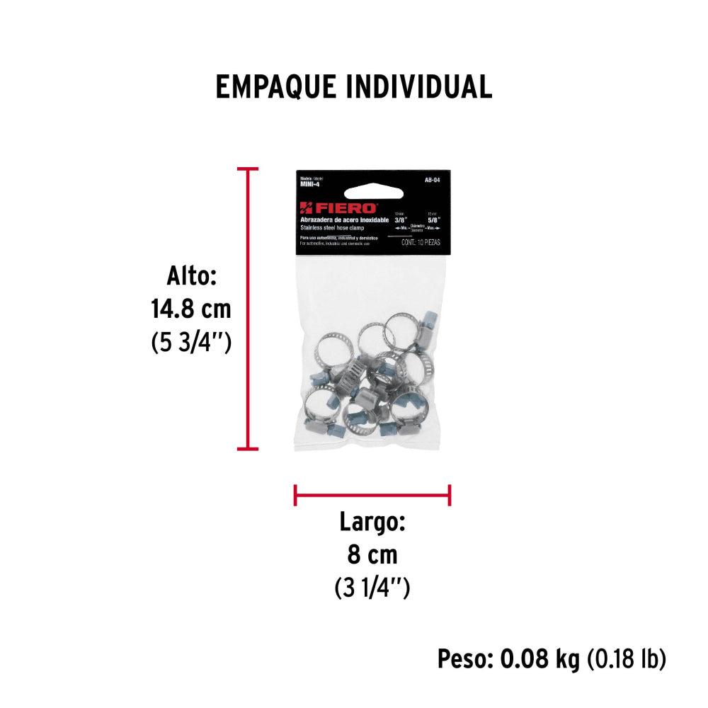 Bolsa con 10 abrazaderas mini sin fin #4, 3/8 - 5/8", FIERO
