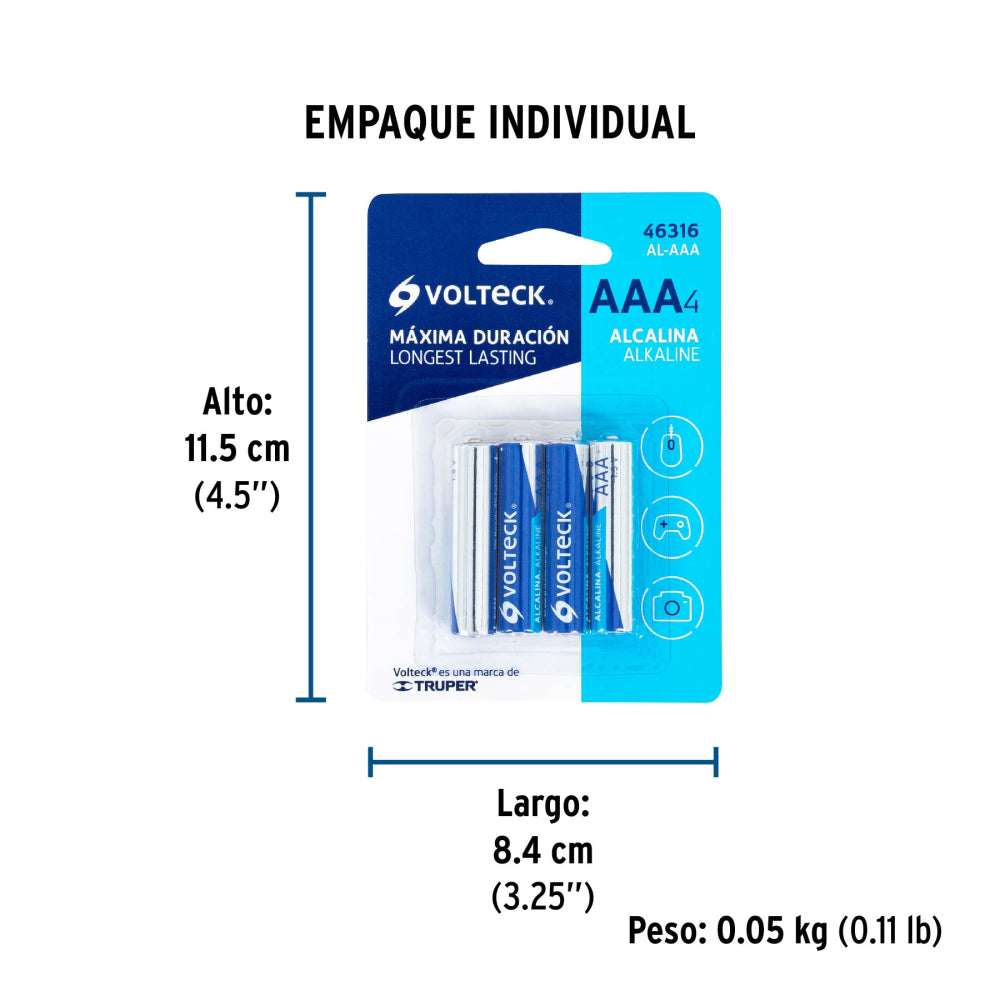 Blíster con 4 pilas alcalinas AAA, VOLTECK