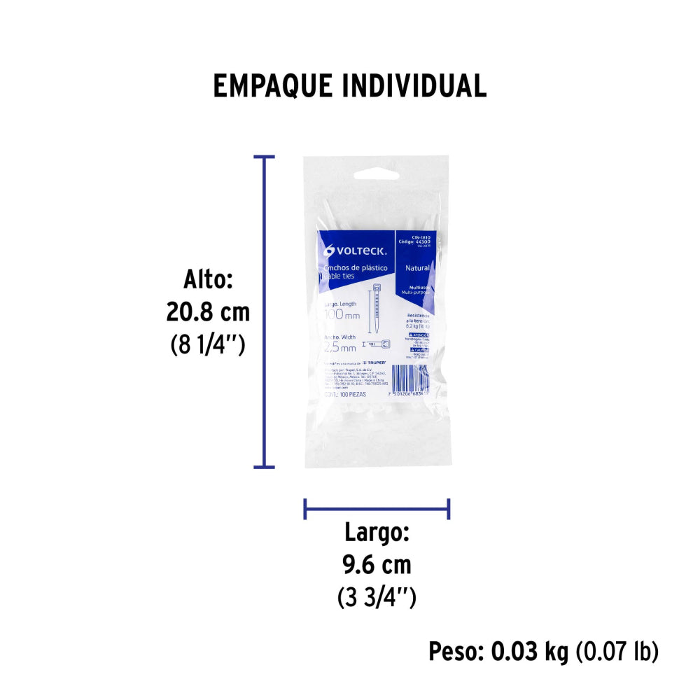 Bolsa con 100 cinchos plásticos 18 lb, 100x2.5 mm, naturales