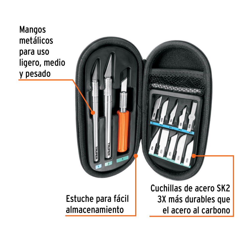 Juego de exactos profesional con 13 cuchillas,estuche,TRUPER