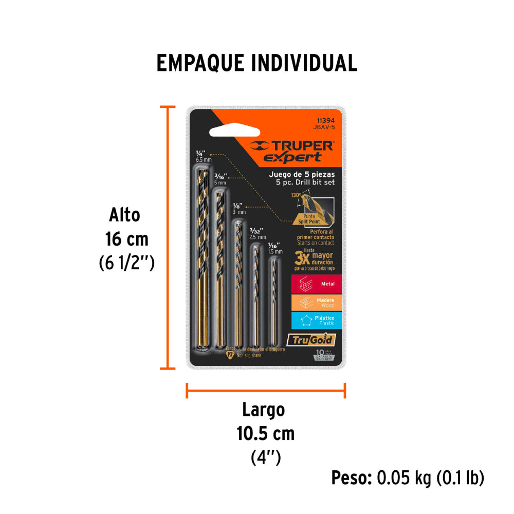 Juego de 5 brocas HSS para metal, Truper Expert
