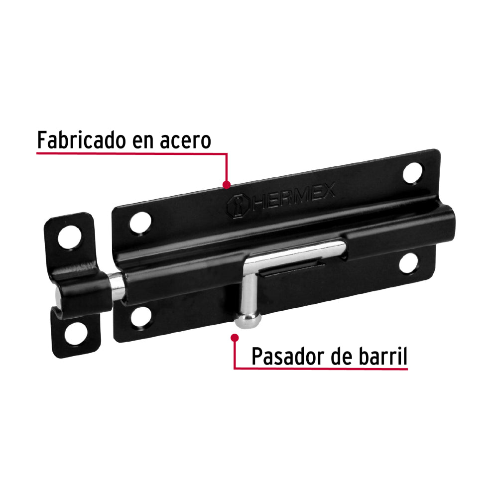 Pasador de barril 5" de acero acabado negro, HERMEX