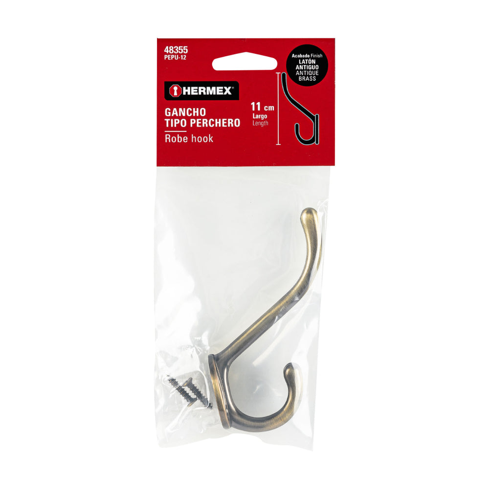 Gancho doble largo y corto tipo perchero, latón antiguo