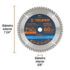 Disco sierra 7- 1/4" para madera, 60 dientes centro 5/8"