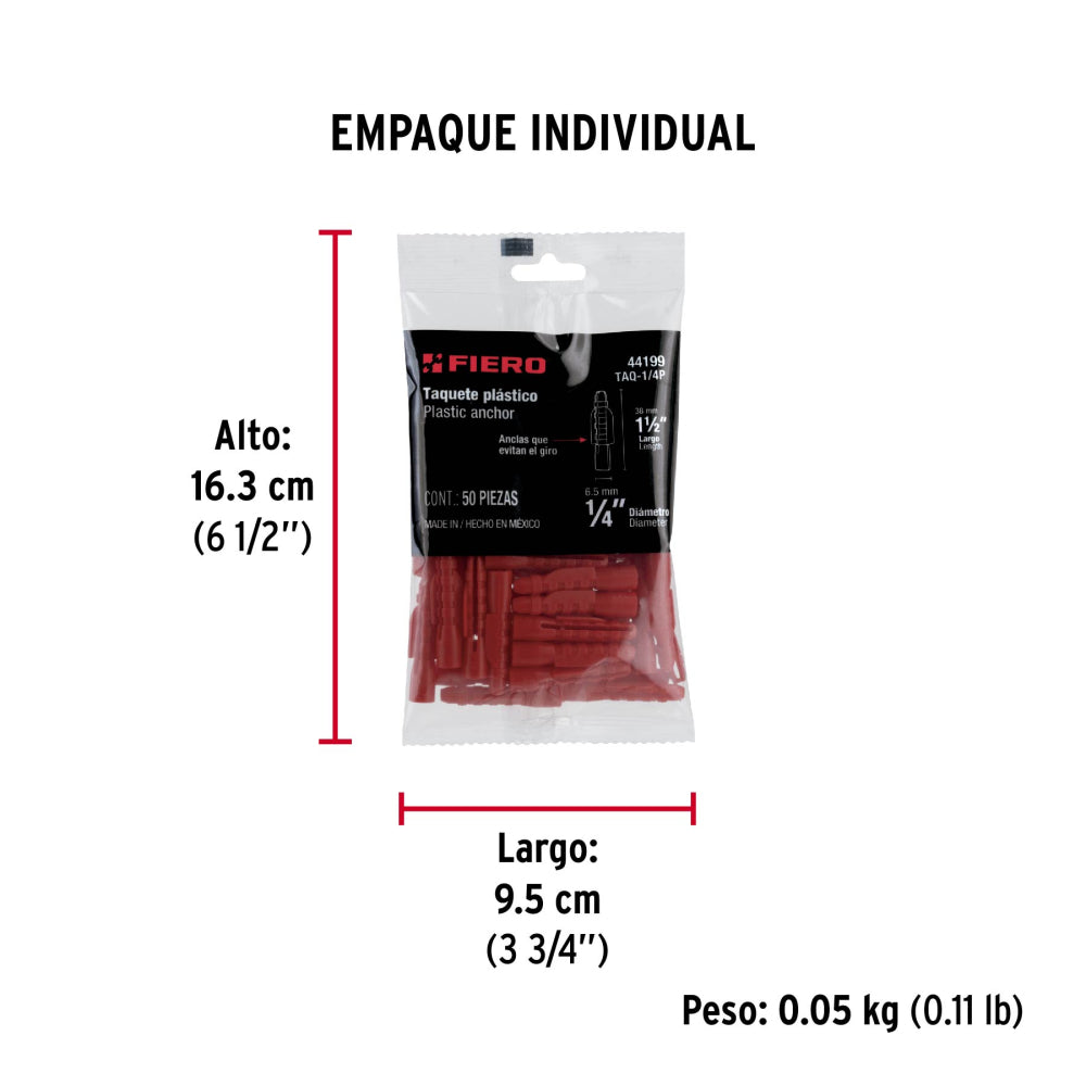 Bolsa con 50 taquetes de plástico 1/4", FIERO