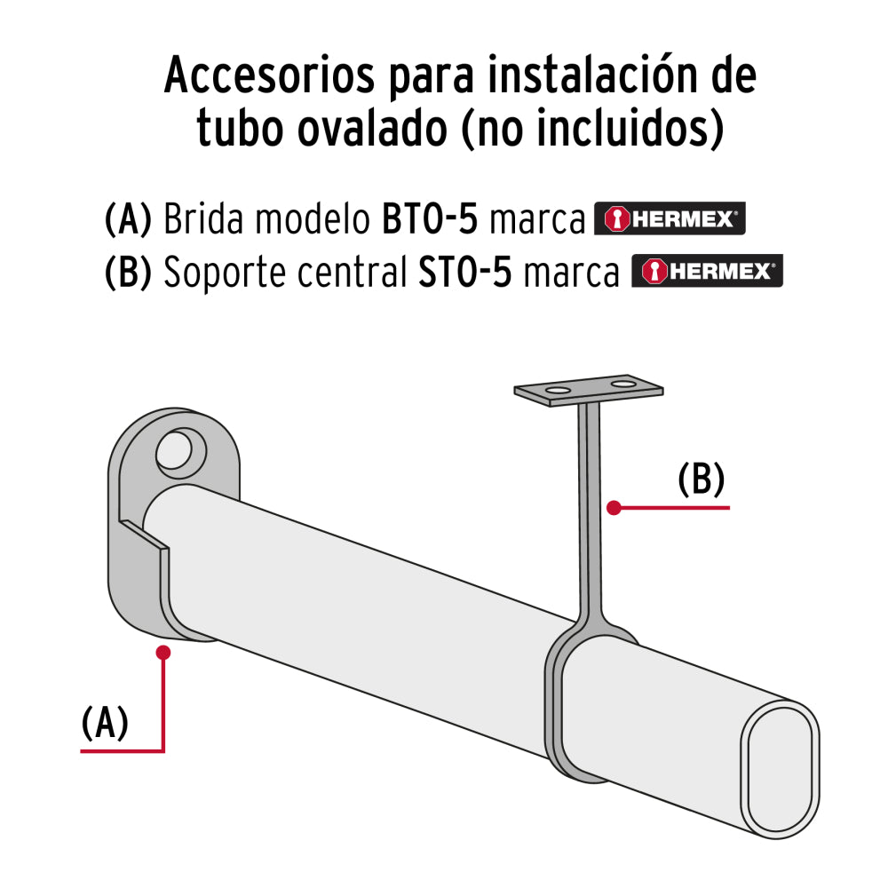 Tubo ovalado para clóset, 3.0 m, acero cromado, HERMEX