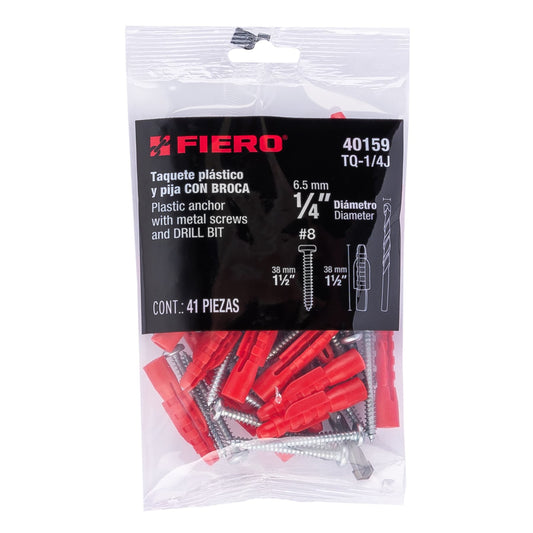 Kit de 20 taquetes 1/4" con pijas #8 y 1 broca 1/4", FIERO