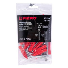 Kit de 20 taquetes 1/4" con pijas #8 y 1 broca 1/4", FIERO