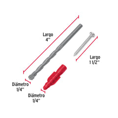 Kit de 20 taquetes 1/4" con pijas #8 y 1 broca 1/4", FIERO