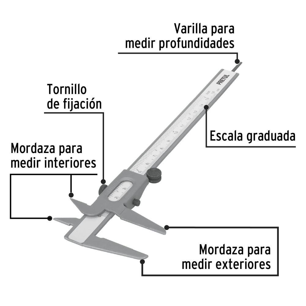 Calibrador vernier escolar 6", acero, std y mm, PRETUL