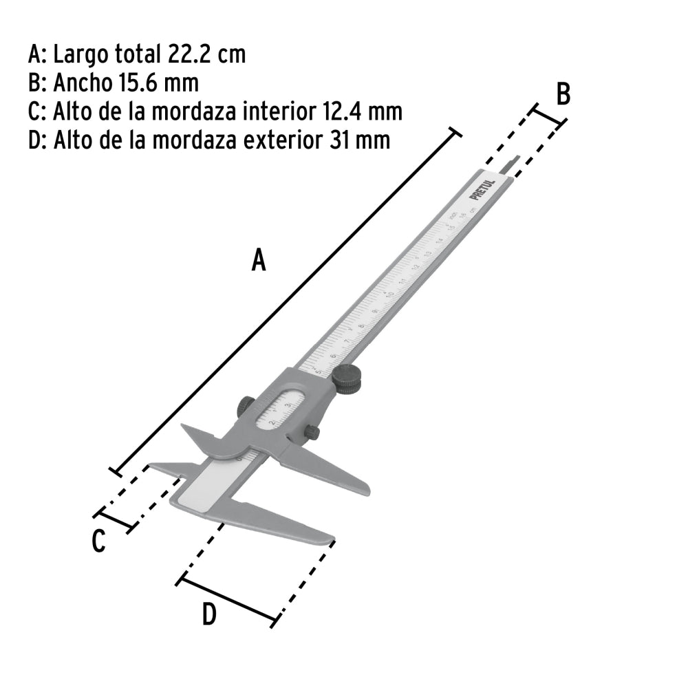 Calibrador vernier escolar 6", acero, std y mm, PRETUL