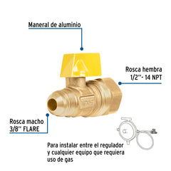Válvula de control de latón para gas, 3/8" x 1/2", FOSET
